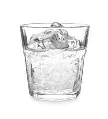 Refreshing water with ice in glass isolated on white