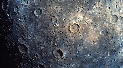 Mysterious lunar landscape with shadows and craters seen from a distant view