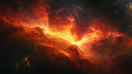 Swirling red-orange nebula with hints of yellow, glowing brightly against the backdrop of deep space and distant stars