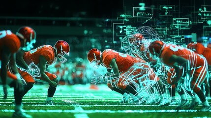 A Futuristic Football Team Strategizing with Holographic Projections in a Dynamic and Engaging Atmosphere on the Field