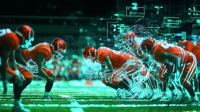 A Futuristic Football Team Strategizing with Holographic Projections in a Dynamic and Engaging Atmosphere on the Field - Powered by Adobe