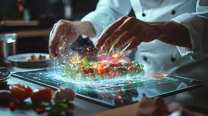 Innovative Culinary Art: A Chef Utilizes Holographic Technology to Create an Exquisite Dish of Fresh Ingredients and Flavors.