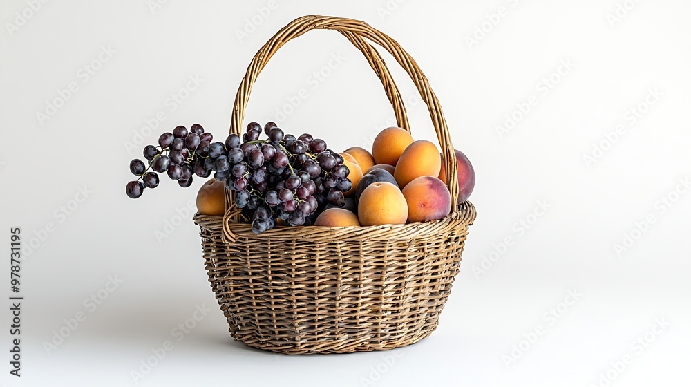 Aufkleber fresh ripe apricots and plums in a basket isolated on white background : generative ai