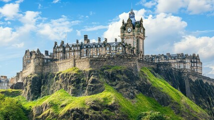 Obraz premium The famous Edinburgh Castle perched on a hill overlooking the city, Scotland.