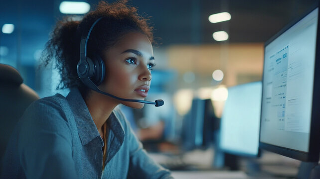 Dedicated customer service rep working hard at a modern call center in the evening