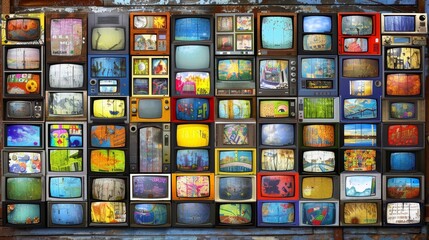 Fototapeta premium Vibrant display of televisions showcasing a variety of colorful broadcasts and visuals