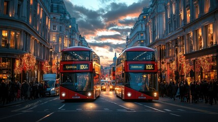 The iconic red double-decker buses driving down Oxford Street in London.