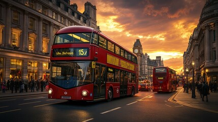 Obraz premium The iconic red double-decker buses driving down Oxford Street in London.