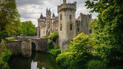 Obraz premium The medieval castle of Gravensteen in Ghent, surrounded by a moat and lush greenery.