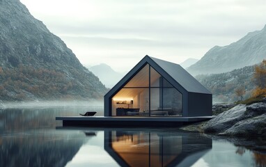 Fototapeta premium House in norway among mountains and fjords. Sunny day futuristic and hi-tech design of a small modern house. advertising photo. 