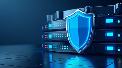 Futuristic server rack with security shield, symbolizing advanced data protection and cybersecurity technology.