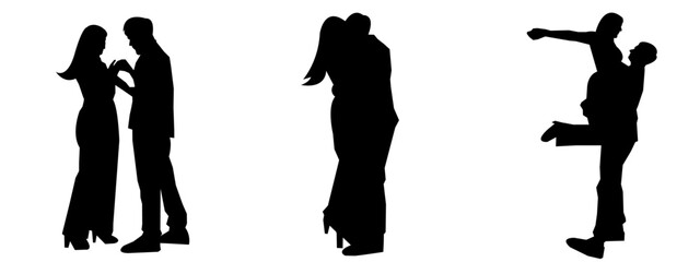 Set of vector silhouettes of bride and groom. propose to a woman. Marry. engagement