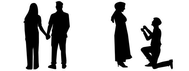 Set of vector silhouettes of bride and groom. propose to a woman. Marry. engagement. ring.