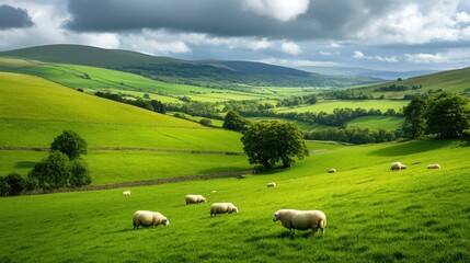 The scenic countryside in Wales with rolling hills, green pastures, and grazing sheep.