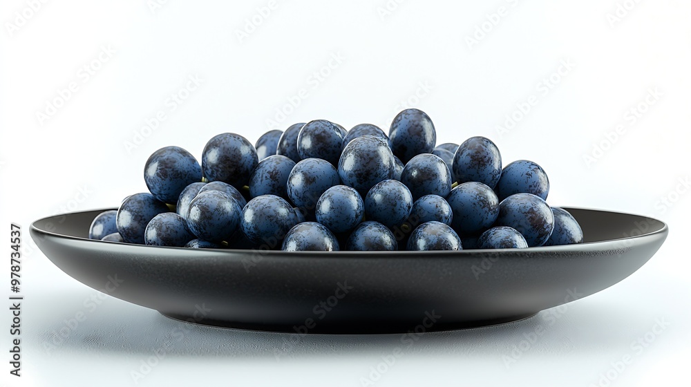 Poster branch of ripe grapes on black plate isolated on white background : generative ai