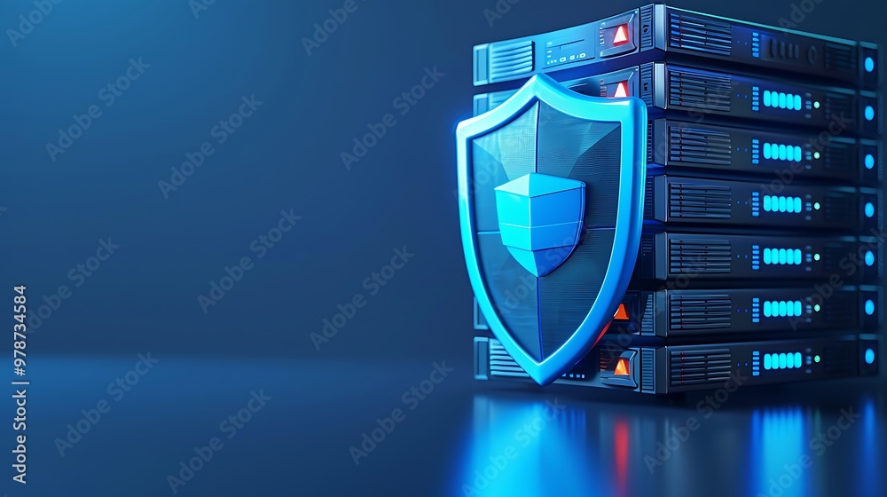Poster futuristic server stack with a shield symbolizing data protection and cybersecurity in a digital env