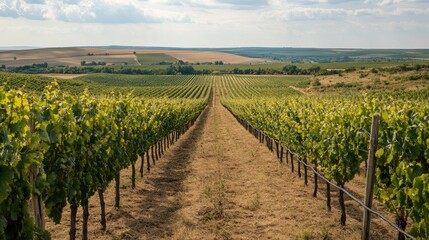 Naklejka premium The vineyards of Purcari Estate in Moldova, with rows of grapevines stretching into the horizon.