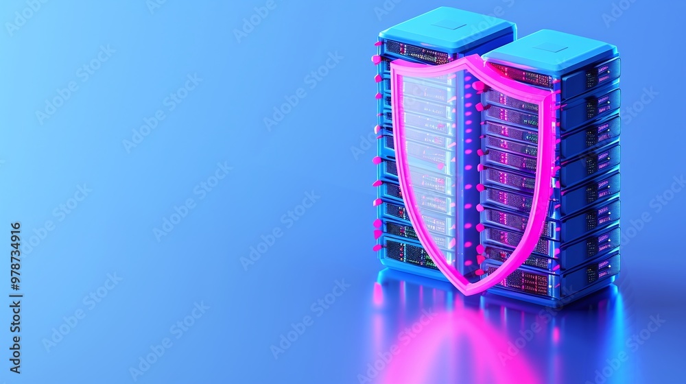 Poster futuristic server stacks with a glowing shield symbolizing cybersecurity and data protection in a di
