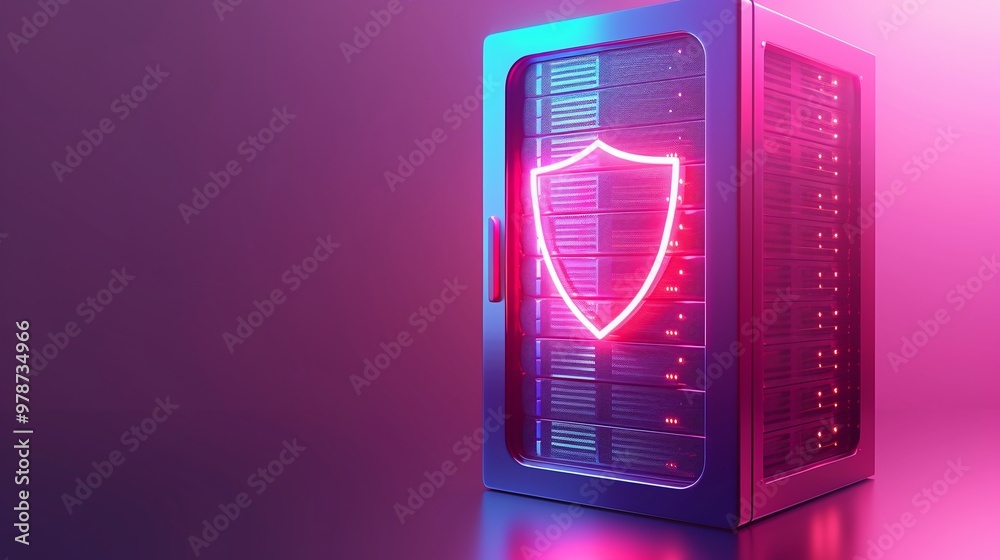 Poster futuristic server unit with neon shield symbol, representing data security and advanced technology i