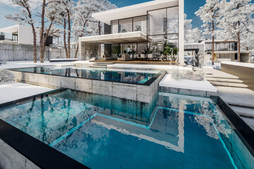 3d rendering of flat roof house with parking and pool for sale or rent with concrete facade and beautiful landscaping on background. Cool winter day with shiny white snow.