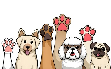 A Group of Six Cartoon Dogs of Different Breeds Standing in a Line with Their Paws Up Smiling on a White Background