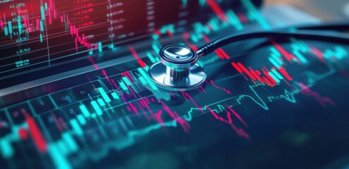 Double exposure of a medical chart and stock market with a stethoscope on a laptop