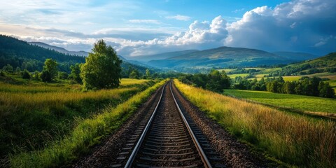Fototapeta premium A scenic railway track winds through lush green fields and rolling hills under a dramatic sky, inviting adventure and exploration.
