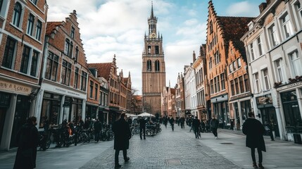 Fototapeta premium View of the historic Belfry Tower in Bruges with tourists walking around the square.