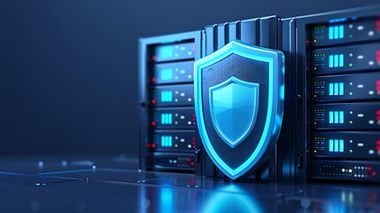 Futuristic server with a glowing shield symbolizing data protection and cybersecurity in a digital environment.
