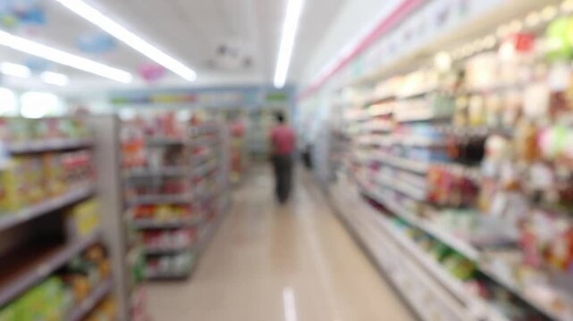 Customer shopping in supermarket convenience store  aisle interior shelves blur background