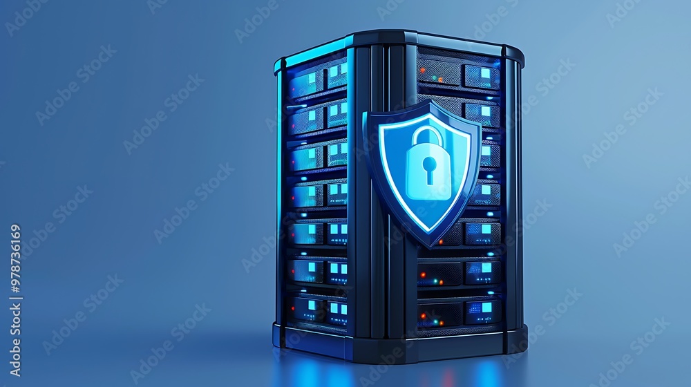 Poster futuristic server with a shield symbol, representing advanced data security technology in a digital 