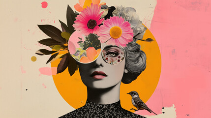 Abstract, strange fashion art paper collage. The head of an elegant woman is covered with flowers, and birds are perched on her eyes. The design is simple, with a vintage-style background.