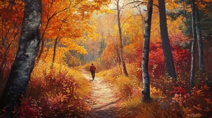 Obraz premium Amidst the vibrant hues of autumn, a lone hiker traverses a woodland trail, surrounded by the enchanting beauty of nature's tapestry.