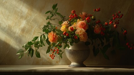 Fototapeta premium An elegant floral arrangement in a contemporary vase, captured in a still life.