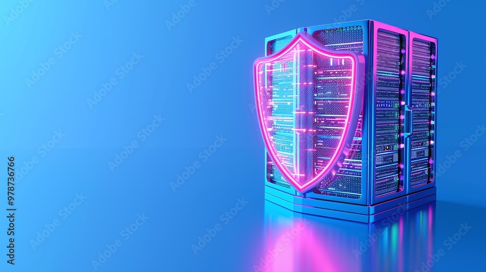 Poster futuristic server with glowing shield, representing cybersecurity and data protection in a modern di