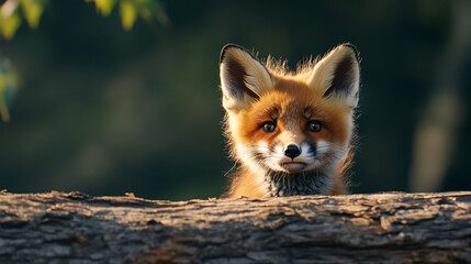 Obraz premium cute red fox kit peeking from behind log in forest - wildlife photography