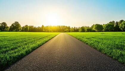 Obraz premium A serene road extending through lush green fields under a bright sky, inviting travelers to explore the beautiful landscape.