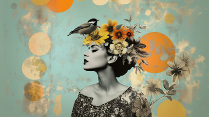 Abstract, strange fashion art paper collage. The head of an elegant woman is covered with flowers, and birds are perched on her eyes. The design is simple, with a vintage-style background.