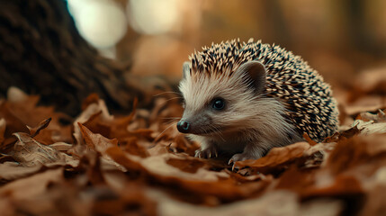 Fototapeta premium cute hedgehog in autumn leaves - close up portrait of a brown and white hedgehog in fall foliage