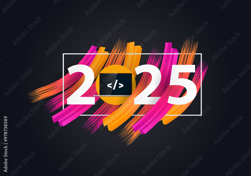 Wall mural happy new year 2025 year 2025 with laptop and programming code on screen