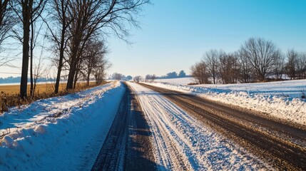 Fototapeta premium A serene winter road surrounded by snow-covered fields and trees under a clear blue sky, perfect for tranquil nature scenes.