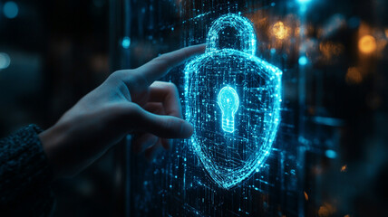 Hand interacts with a digital lock symbol during a cybersecurity demonstration at night