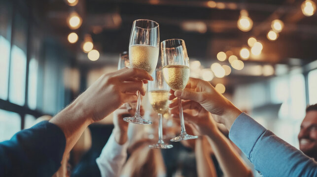 Team celebration for a significant milestone with champagne toasts in a modern venue during an evening gathering