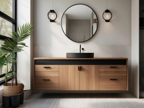 Modern bathroom vanity with black sink, round mirror, and wooden cabinets