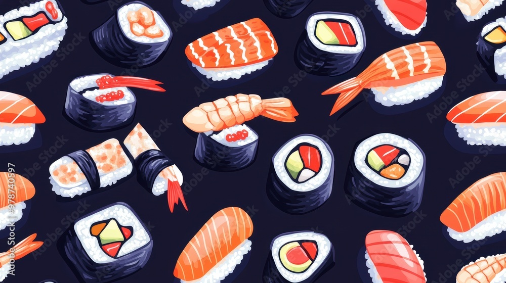 Wall mural sushi pattern.