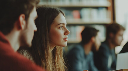 Team members collaborating and sharing ideas in a bright library setting during an afternoon brainstorming session