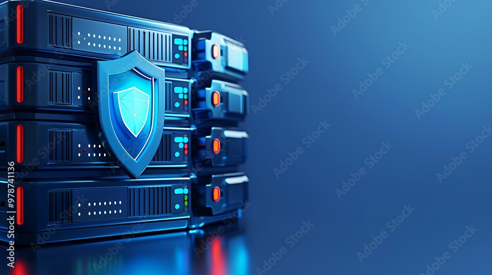 Poster high-tech server rack with security shield symbolizing data protection and cybersecurity solutions.