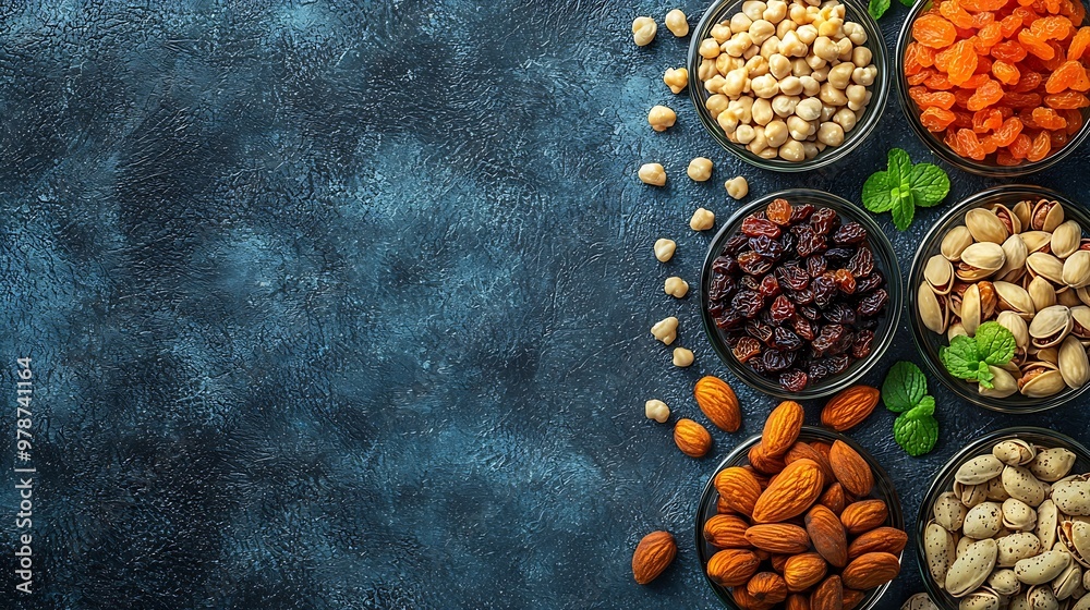 Poster Nuts and Dried Fruits Background Top View : Generative AI