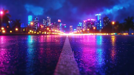 Naklejka premium A vibrant cityscape at night reflected on wet pavement, showcasing colorful lights and a moody atmosphere.
