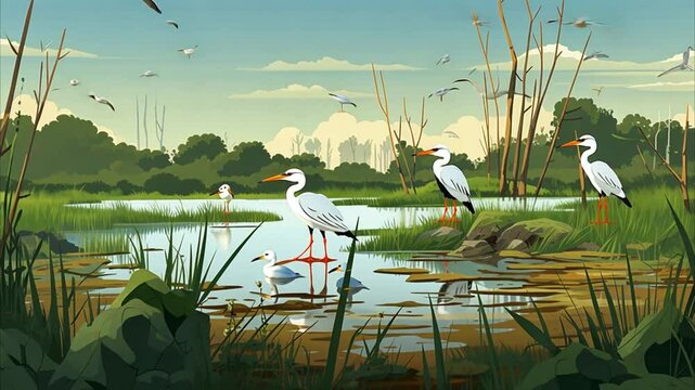 Peaceful Marsh Landscape with White Birds